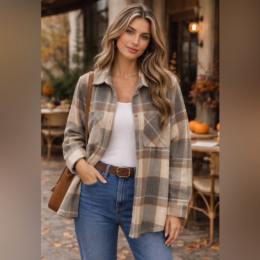 78 & Sunny Plaid Button Front Shirt Shacket Neutral Flannel Oversized L